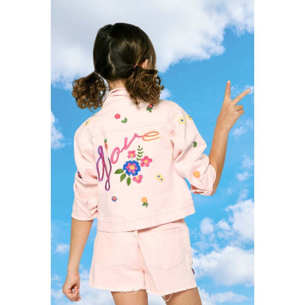 Hannah Banana Girls Pink Flower Embroidered Jean Jacket NWT